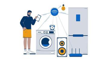 Black man managing smart household appliances using tablet doodle animation. Wi-Fi technology. IoT user with home devices animated 2D flat cartoon concept, white background. 4K motion graphic video