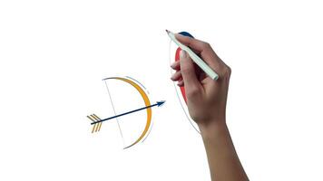 Bow and arrow hitting target hand drawn 2D object animation. Goal achievement, strategy. Marketing success. Accurate aim animated handdrawn element isolated on white. Cartoon doodle 4K video