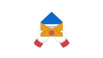 Hands holding open email envelope with document hand drawn 2D animation. Digital correspondence and communication mail animated handdrawn element isolated on white. Cartoon doodle 4K video
