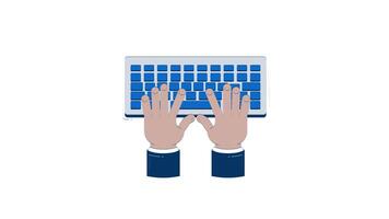 Typing hands on keyboard hand drawn 2D animation. Digital work. Data entry. Online communication. Keys input top view animated handdrawn element isolated on white. Cartoon doodle 4K video