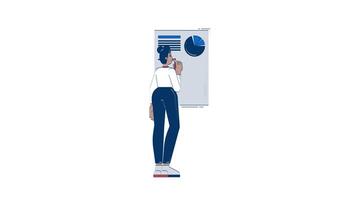 Black woman analyzing pie chart on presentation board hand drawn 2D character animation. Female analyst pen drawing data report animated person handdrawn on white. Cartoon doodle 4K video