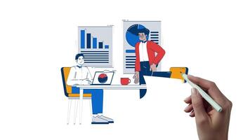 Diverse professionals discussing charts and graphs hand drawn 2D characters animation. Business meeting presentation. Statistics analysts animated people handdrawn on white. Cartoon doodle 4K video