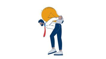 Professional black man carrying giant light bulb on back hand drawn 2D character animation. Businessman struggling with lightbulb animated person handdrawn on white. Cartoon doodle 4K video