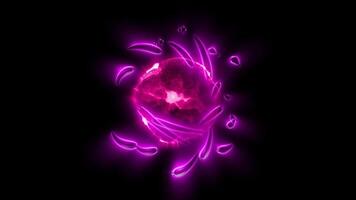 A 3D illustration of a violet atom in which protons and neutrons increase their speed, heating the atom and causing it to explode. video