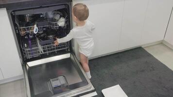 Curious toddler unloading dishwasher in modern kitchen video