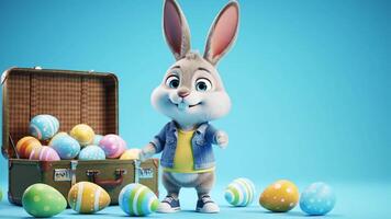 Animated Easter Bunny with Suitcase Full of Decorated Eggs on Blue Background video