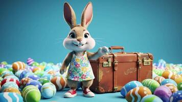 Animated Easter Bunny with Suitcase and Colorful Eggs video