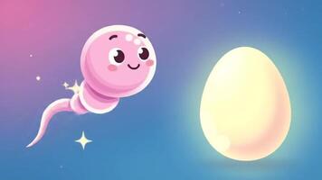 Animated Sperm Cell with a Smiling Face Approaching a Glowing Egg on a Gradient Background video