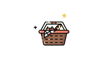 animation of Brown wicker picnic basket with fruit and a loaf of bread inside. video