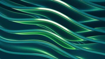 Seamless loop background with blue metallic waves and green light with smooth realistic reflections. Elegant screensaver for abstract art and modern technology. Computer graphics, 3D render, 4K 60fps video
