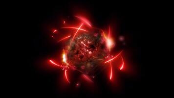 A 3D illustration of an atom in bright red, showing the nucleus with sparkling protons and neutrons. video