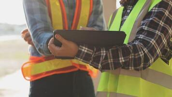 Two construction workers holding a tablet computer video