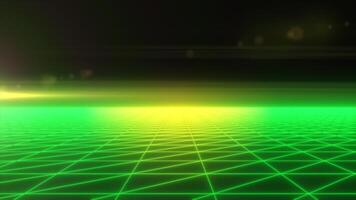 A glowing green digital grid stretching to the horizon, with a futuristic and cyber visual style background, evoking retro sci-fi aesthetics, in high quality 4k, motion design video