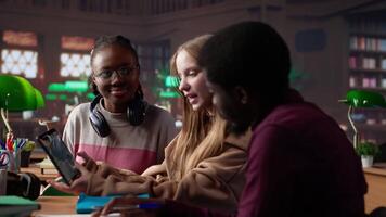 multiculturale studenti gruppo discutere un' finanziario progetto per un' Università corso, utilizzando il computer portatile e libri di testo con classe Appunti nel il biblioteca. imprenditoria e gestione abilità. telecamera un. video