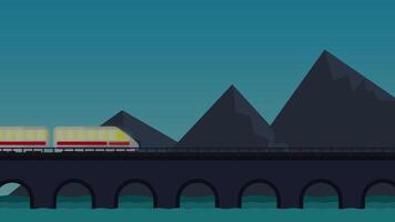Train crossing bridge with day and night cycle animation video