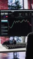 Vertical Modern desktop pc ideal for financial growth tracking and forex trades, home office with computer showcasing a candle stick chart analysis using online technology. Day trading. Camera A. video