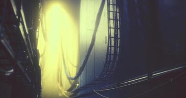 Deatiled CGI Mysterious corridor illuminated by soft yellow light in an industrial setting video