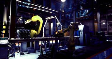 Surreal CGI Robotic arms operate on an assembly line in a modern manufacturing facility video