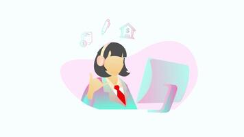 a customer service is in front of a computer, with a floating business icon video