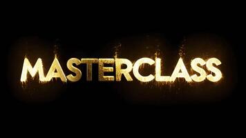 MASTERCLASS Animated Neon glowing Gold Text on black background. Gold Colors text motion graphics. 4k footage. video
