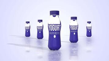 Yogurt Bottles on a Light Reflective Floor. Stylized 3D Yogurt Bottles. 4K video