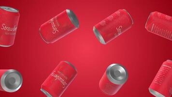 Strawberry Juice Cans Falling on a Dark Background. Soda Cans 3D Animation. 4K video