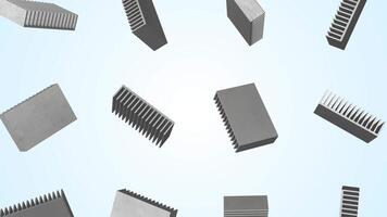 Heat Sinks Falling on a Light Blue Background. Heat Exchanger 3D Animation. 4K video