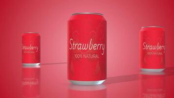 Strawberry Juice Cans on a Reflective Floor. Soda Cans 3D Animation. 4K video