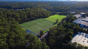 An aerial view captures an urban park with a soccer field, winding river, and lush forest, framed by distant city buildings. This green oasis thrives under summer sunlight, video