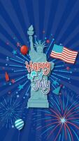 Statue of Liberty animation with fireworks, American flag, and festive elements on a blue background, celebrating the 4th of July video