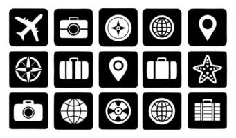 Modern Travel Icon Sets with Airplane, Map, Luggage, and Passport on White Background vector