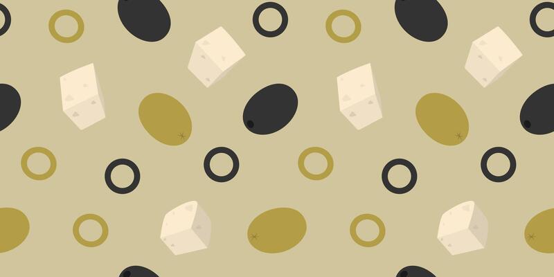 Hand Drawn Cheese cubes and Various Olives Seamless Pattern Banner Format Healthy Food Backdrop idea. Isolated illustration Food Thematic or Menu Cards Promo banner, leaflets, labels, price tag