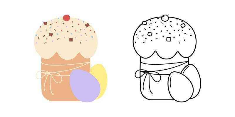 HandDrawn Easter Cake and eggs Colorful and Outline Easter Sticker Icon Pictogram Design Element Set. Isolated Illustration Easter Greeting Themes Cards, poster, banner, leaflets, labels, price