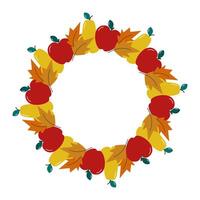 Freehand Apple Pear and Autumn leaves Circular Frame border Seasonal Minimalist Copy space Template. Isolated illustration Autumn Holiday Themes Cards Party invite or banner, leaflet, price tag vector