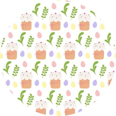 Hand Drawn Easter Cake Painted Eggs and green leaves Festive Seamless Pattern on Circle Background. Isolated illustration Easter Themes Cards Backdrop, invites or promo banner, leaflets, labels