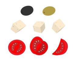 Olives Cheese Cubes and Tomato slices Various positions Sticker Icon Pictogram Minimalist design Set. Isolated illustration Healthy Food Poster or Menu Cards Banner, leaflets, labels, price tag vector