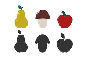 Pear Mushroom and Apple Fruits Colorful and Silhouette Sticker Icon Pictogram Minimalist Design Set. Isolated illustration Food Theme Cards Menu or banners, leaflets, labels, price tag, poster vector