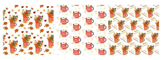 Autumn leaves in cup with Hello Autumn Text and mug with Marshmallows cubes Seamless Pattern Bundle. Isolated illustration Autumn Themes Cards Backdrop Party invites or banner, leaflets, price vector