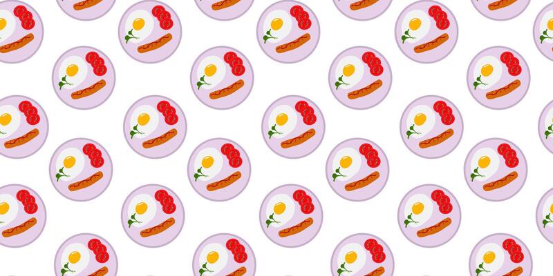 Hand Drawn Fried egg Microgreen Tomato sliced and grilled Sausage on lavender Plate Seamless Pattern. Isolated illustration Food Banner or Menu Cards Backdrop Leaflets, label, price tag, poster
