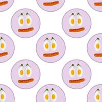 Hard Boiled Egg sliced Grilled Sausage and Ketchup stripe Cute Food Smiley on plate Seamless Pattern. Isolated illustration Breakfast Motivation Cards Backdrop Party invite or banners, leaflets vector