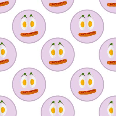 Hard Boiled Egg sliced Grilled Sausage and Ketchup stripe Cute Food Smiley on plate Seamless Pattern. Isolated illustration Breakfast Motivation Cards Backdrop Party invite or banners, leaflets