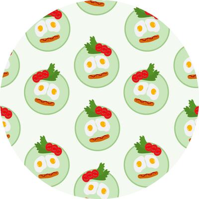 Fried eggs with yolk Sausage Greens and Tomato slices Cute food emoticon on plate Pattern on Circle. Isolated illustration Food Poster Motivation Cards Backdrop or leaflets, labels, tag, poster