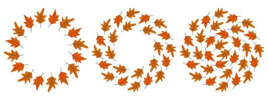 Hand Drawn Maple and Oak leaves Circular Frames borders and Round Background Copy space Template Set. Isolated illustration Autumn Holidays Greeting Cards, poster, leaflet, label or banner, tag vector