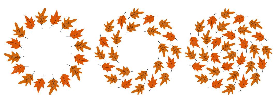 Hand Drawn Maple and Oak leaves Circular Frames borders and Round Background Copy space Template Set. Isolated illustration Autumn Holidays Greeting Cards, poster, leaflet, label or banner, tag