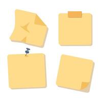 Four yellow sticky notes in various shapes and conditions like folded, pinned with a paperclip, taped, and plain. Minimal design on white background, flat illustration. vector