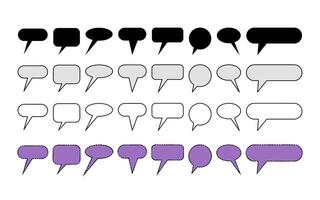 Flat and Outline Comic Text Boxes in Various Styles. Collection of speech bubbles in flat black, outline, and filled purple designs. vector