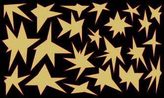 Yellow cartoon-style stars in random shapes on a black background, with a bold and playful appearance, ideal for decorations or party-themed designs. vector
