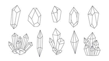 Mystical crystals, minerals, and hand-drawn jewels. A set of linear clip arts and coloring pages vector