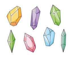 A set of colored crystals of different shapes. Gems, ice, and diamonds of various geometric shapes that reflect light. Elements of witchcraft and magic vector
