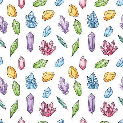 Pattern with crystals, quartzes, and hand-drawn precious stones in a flat style. seamless texture